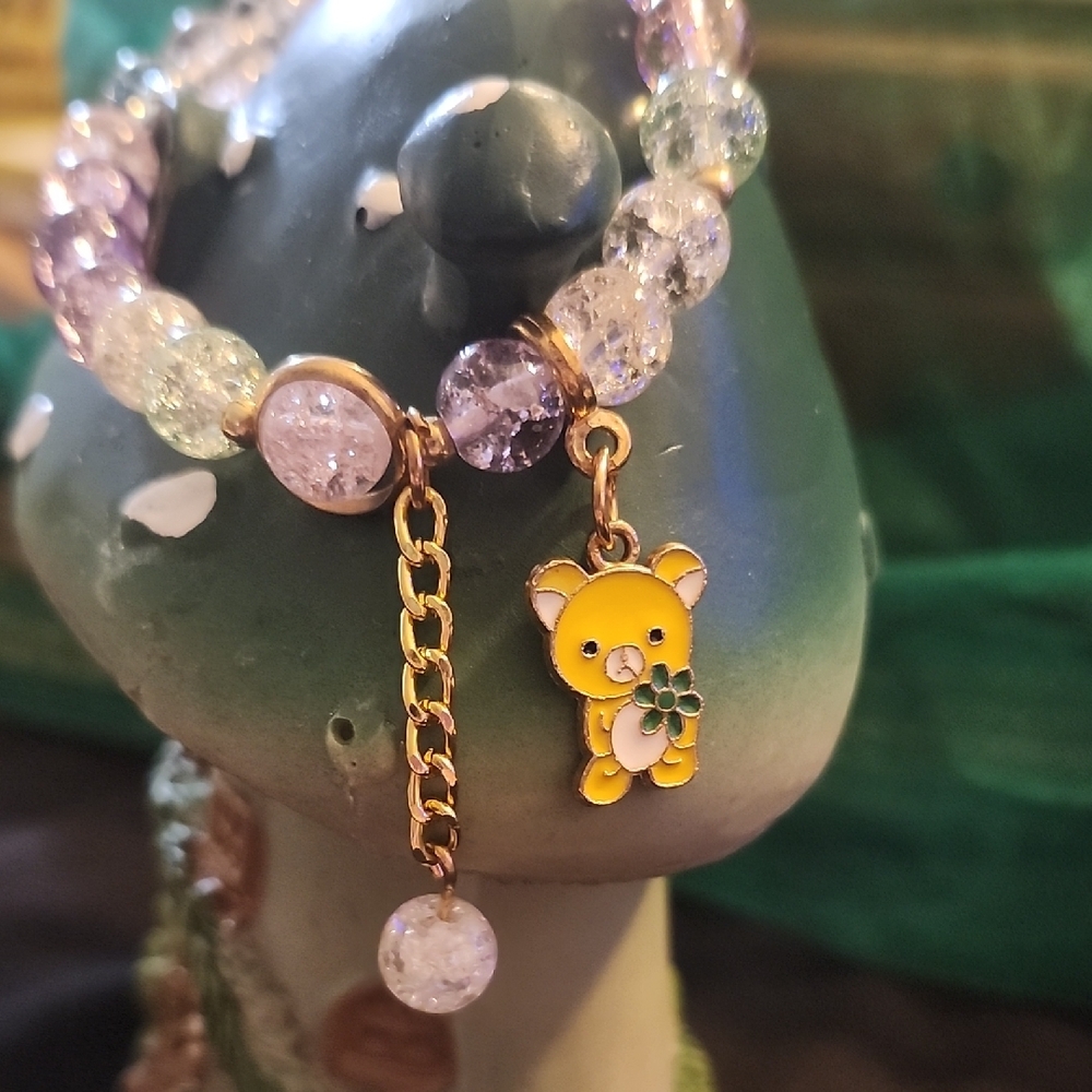 Purple and Gold Beaded Cat Charm Bracelet